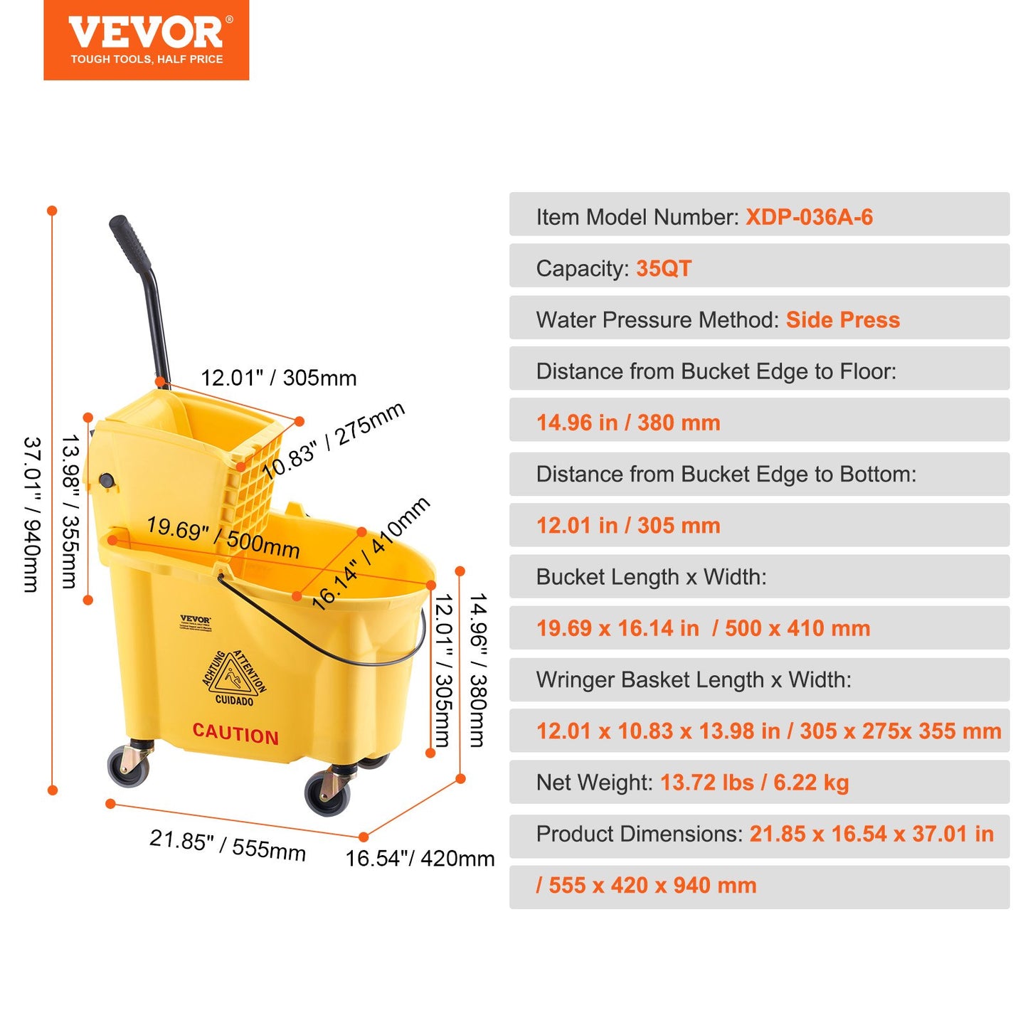VEVOR Mop Bucket with Wringer, 35 Qt. Commercial Mop Bucket with Side Press Wringer,