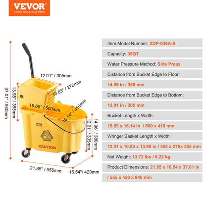 Commercial Mop Bucket & Side Press Wringer Combo, 35 Qt, Yellow, 6.22 kg