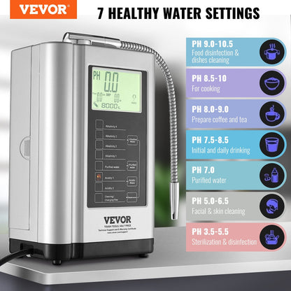 Alkaline Water Ionizer: pH 3.5-10.5, Hydrogen-Rich, 7 Settings, 8000L Filter