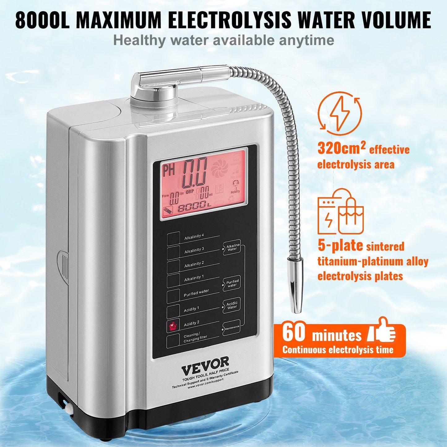 Alkaline Water Ionizer: pH 3.5-10.5, Hydrogen-Rich, 7 Settings, 8000L Filter