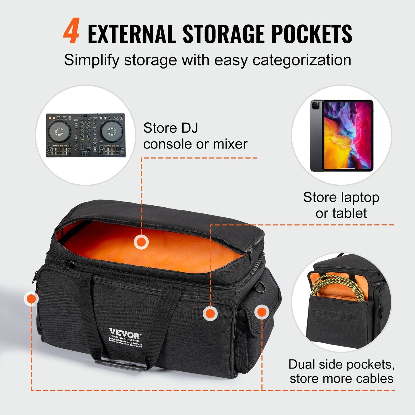 DJ Cable Organizer Bag with Dividers, 1200D Fabric, 2.15 kg, 0.6 x 0.3 x 0.33 m