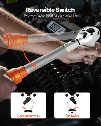 Click Torque Wrench Set, 3/8 Inch Drive, 5-60 N.m / 3.7-44.3 lbf.ft, Dual-direction, 72-Tooth, ±3% High Precision, with Sockets, Bits, Extension Bar, Spark Plug Sockets, Adapter, Orange