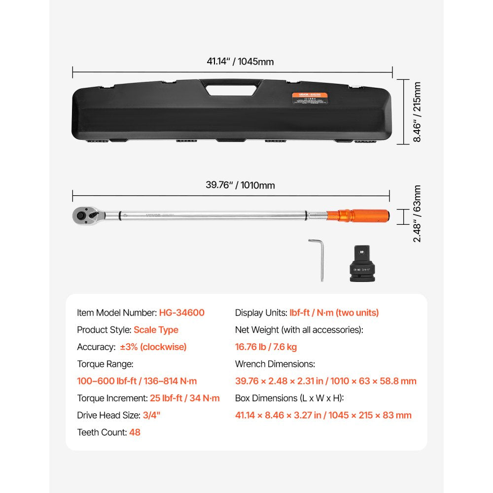 Click Torque Wrench 3/4Inch Drive 100-600 lbf-ft/136-814N.m Dual-direction