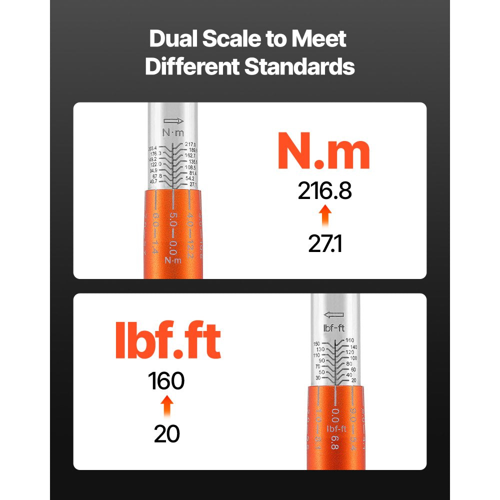 Adjustable Click Torque Wrench, 1/2 Inch Drive, 20-160 lbf-ft/27.1-216.8 N.m, Dual-direction and Dual Range Scales, 72-T