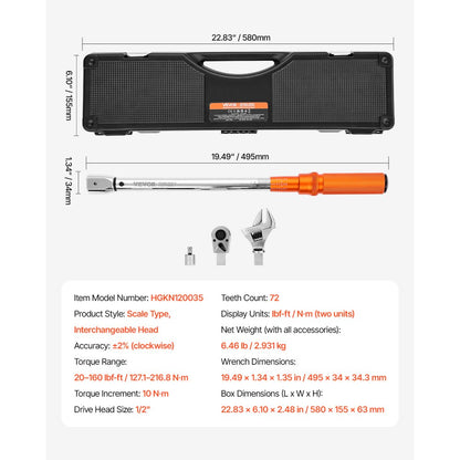 Adjustable Click Torque Wrench, 1/2 Inch Drive, 20-160 lbf-ft/27.1-216.8 N.m, Dual-direction and Dual Range Scales, 72-T
