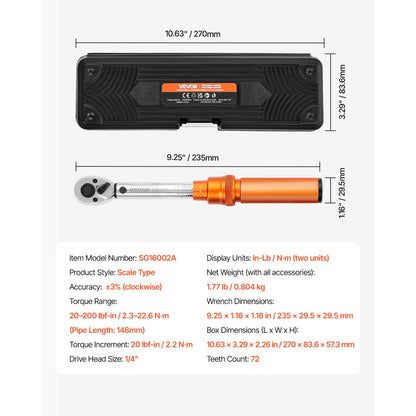 VEVOR Click Torque Wrench Set 1/4 Inch Drive 20-200lbf-in /2.3-22.6N.m Orange