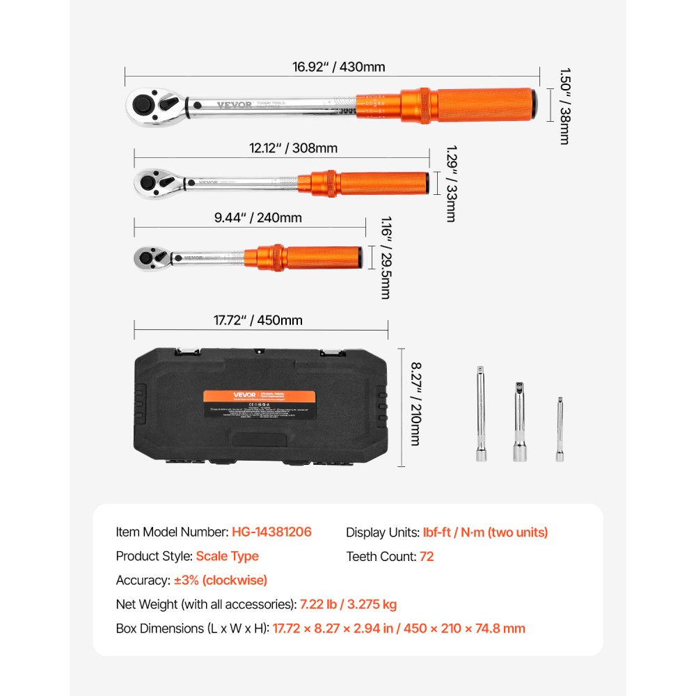 Click Torque Wrench Set 3 Pieces 1/4 3/8 1/2 Inch Drive Dual-direction