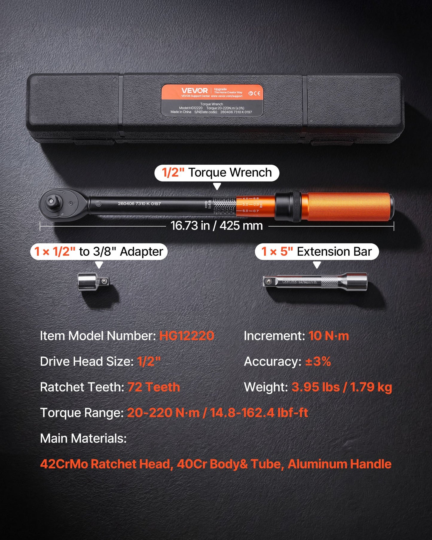 Torque Wrench, 12.7mm Drive Click Torque Wrench, 20-220 N.m, Dual Scale Readings, ±3% High Precision, with Extension Bar, Adapter and Storage Case, for Automotive Repair
