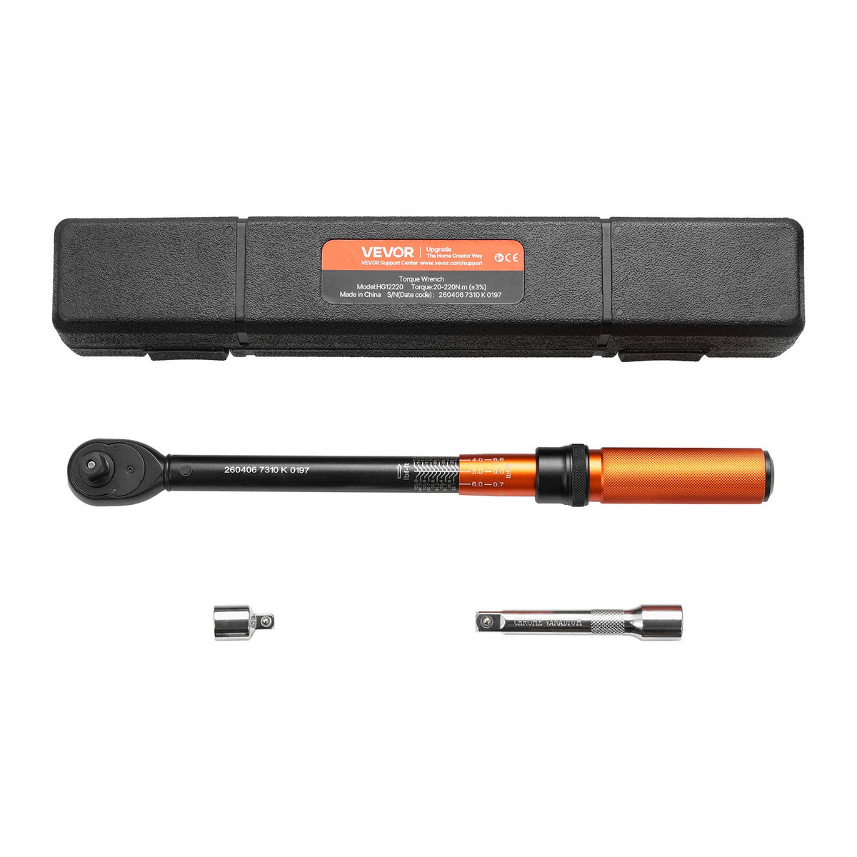 Torque Wrench, 12.7mm Drive Click Torque Wrench, 20-220 N.m, Dual Scale Readings, ±3% High Precision, with Extension Bar, Adapter and Storage Case, for Automotive Repair