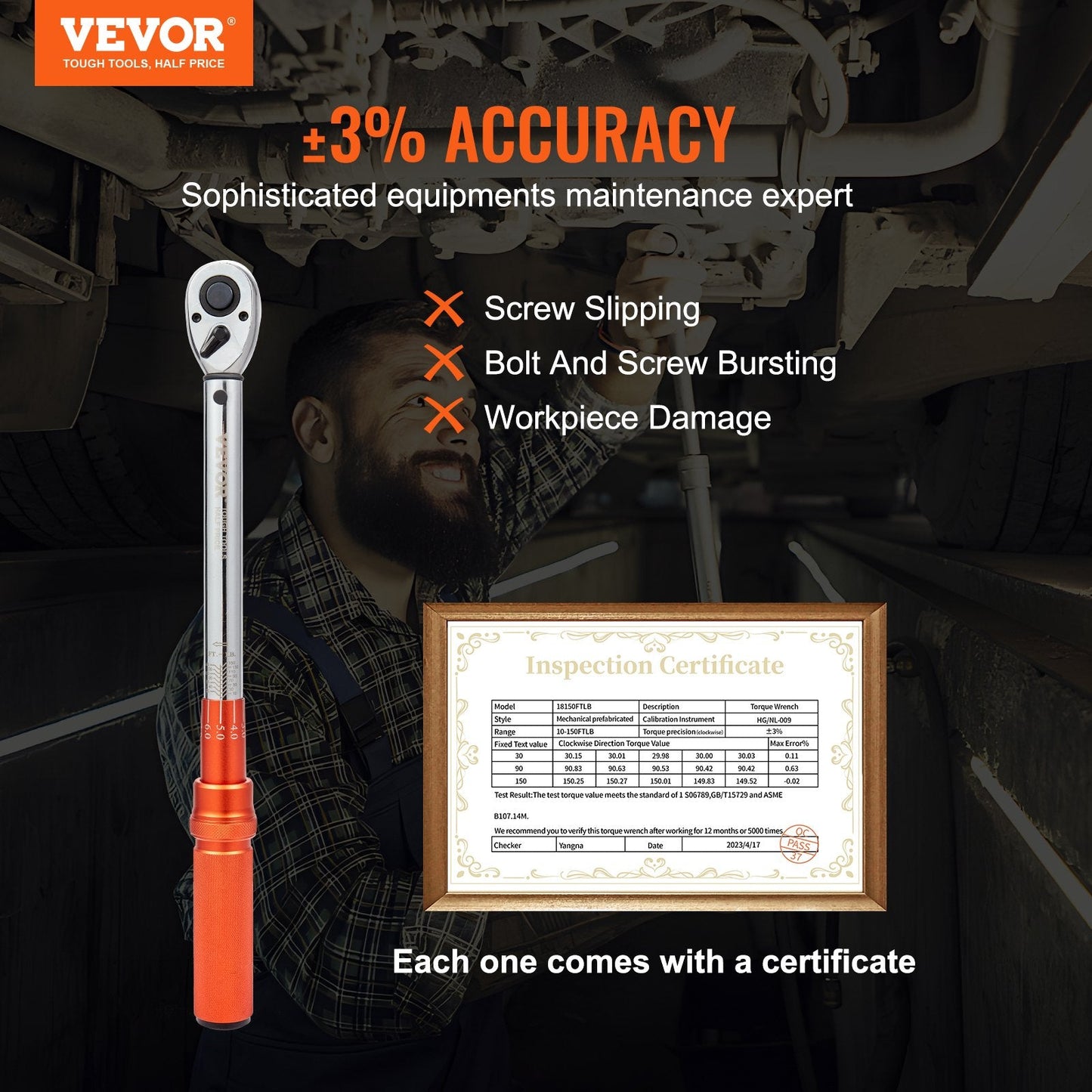 Adjustable Torque Wrench 0.5m Drive, 14-204Nm Precision Tool with 72-Tooth Ratchet