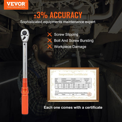 Adjustable Torque Wrench 0.5m Drive, 14-204Nm Precision Tool with 72-Tooth Ratchet