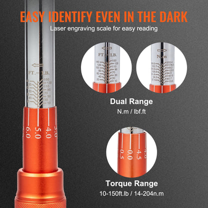 Adjustable Torque Wrench 0.5m Drive, 14-204Nm Precision Tool with 72-Tooth Ratchet