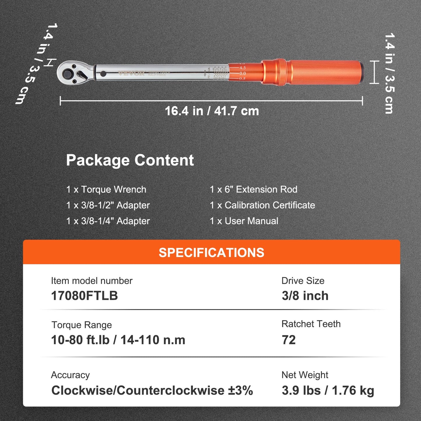 VEVOR Torque Wrench, 3/8-inch Drive Click Torque Wrench 10-80ft.lb/14-110n.m, Dual-Direction