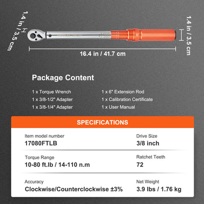 VEVOR Torque Wrench, 3/8-inch Drive Click Torque Wrench 10-80ft.lb/14-110n.m, Dual-Direction