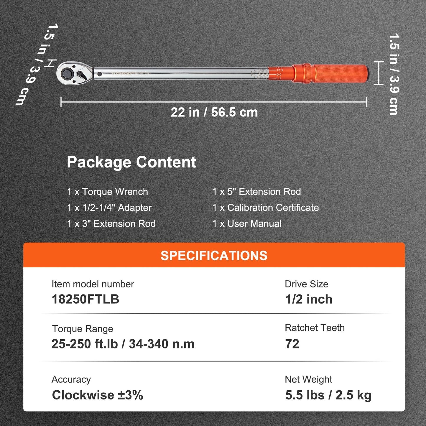 Adjustable Torque Wrench 1/2" Drive, 34-340 Nm, with 72-Tooth Ratchet