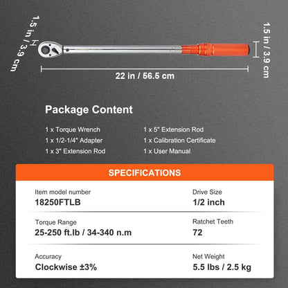 Adjustable Torque Wrench 1/2" Drive, 34-340 Nm, with 72-Tooth Ratchet