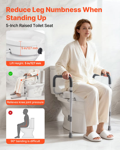 Raised Toilet Seat with Arms, 159 kg Capacity, 127 mm Lift Height & Adjustable Width, Widened Commode Elevated Toilet Seat Riser with Handles for Seniors, Elderly, Handicap, Disabled, Adults