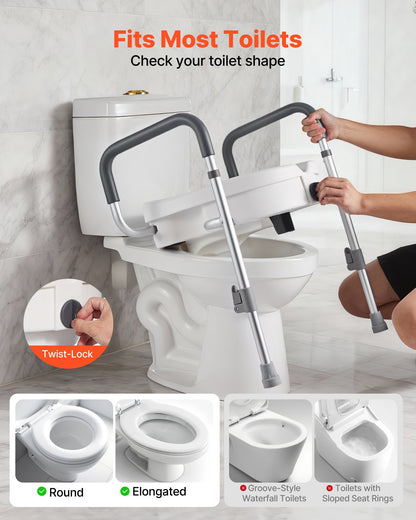 Raised Toilet Seat with Arms, 159 kg Capacity, 127 mm Lift Height & Adjustable Width, Widened Commode Elevated Toilet Seat Riser with Handles for Seniors, Elderly, Handicap, Disabled, Adults