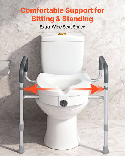Raised Toilet Seat with Arms, 159 kg Capacity, 127 mm Lift Height & Adjustable Width, Widened Commode Elevated Toilet Seat Riser with Handles for Seniors, Elderly, Handicap, Disabled, Adults