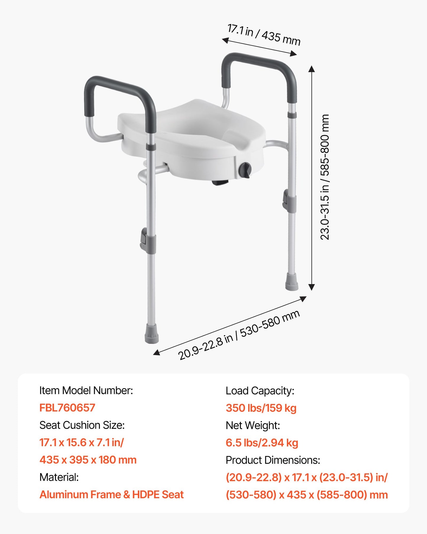 Raised Toilet Seat with Arms, 159 kg Capacity, 127 mm Lift Height & Adjustable Width, Widened Commode Elevated Toilet Seat Riser with Handles for Seniors, Elderly, Handicap, Disabled, Adults