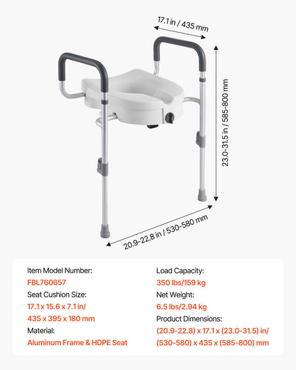 Raised Toilet Seat with Arms, 159 kg Capacity, 127 mm Lift Height & Adjustable Width, Widened Commode Elevated Toilet Seat Riser with Handles for Seniors, Elderly, Handicap, Disabled, Adults