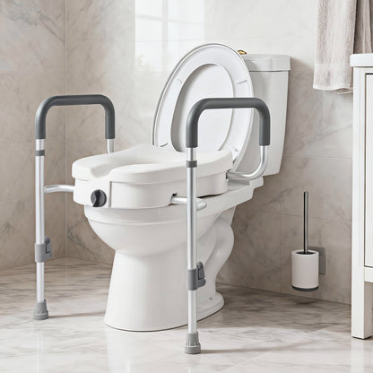 Raised Toilet Seat with Arms, 159 kg Capacity, 127 mm Lift Height & Adjustable Width, Widened Commode Elevated Toilet Seat Riser with Handles for Seniors, Elderly, Handicap, Disabled, Adults