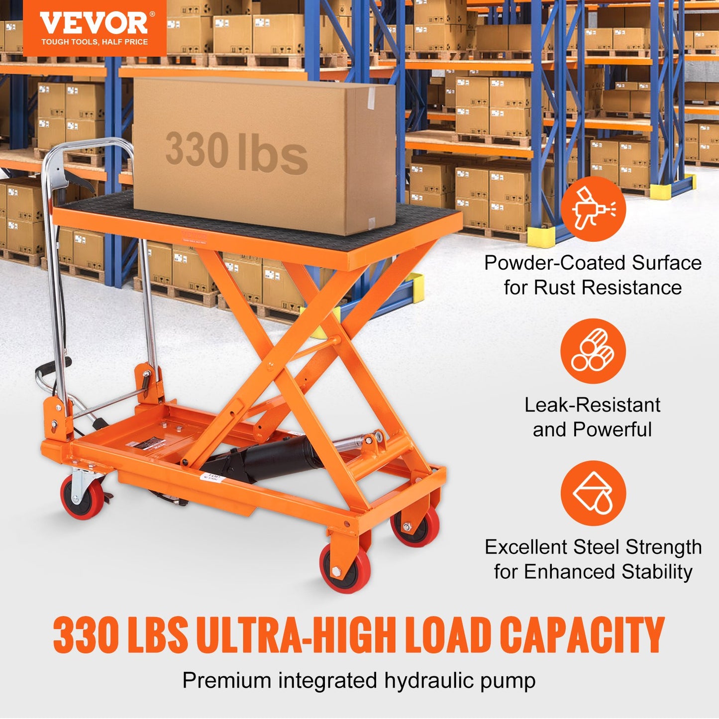 VEVOR Hydraulic Lift Table Cart, 330lbs Capacity 28.5" Lifting Height, Manual Single