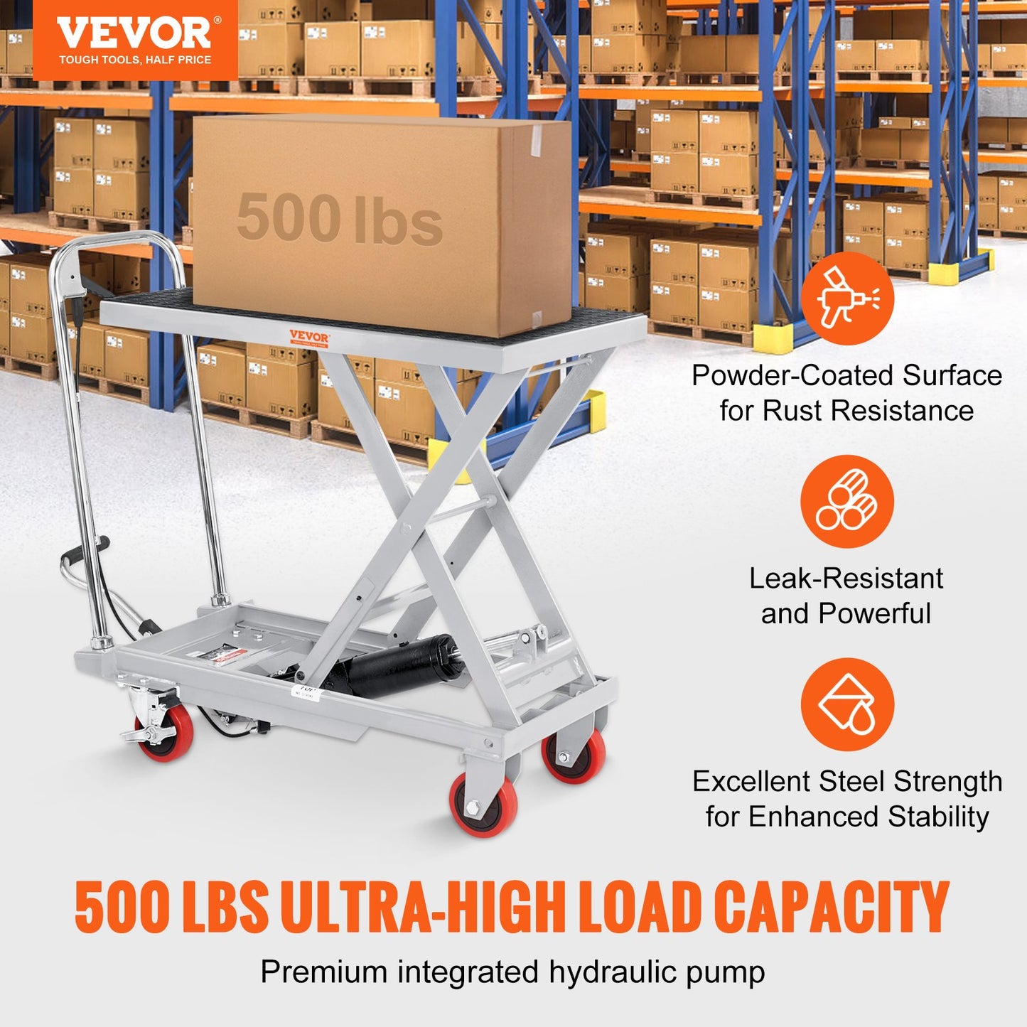 VEVOR Hydraulic Lift Table Cart, 500lbs Capacity 28.5" Lifting Height, Manual Single