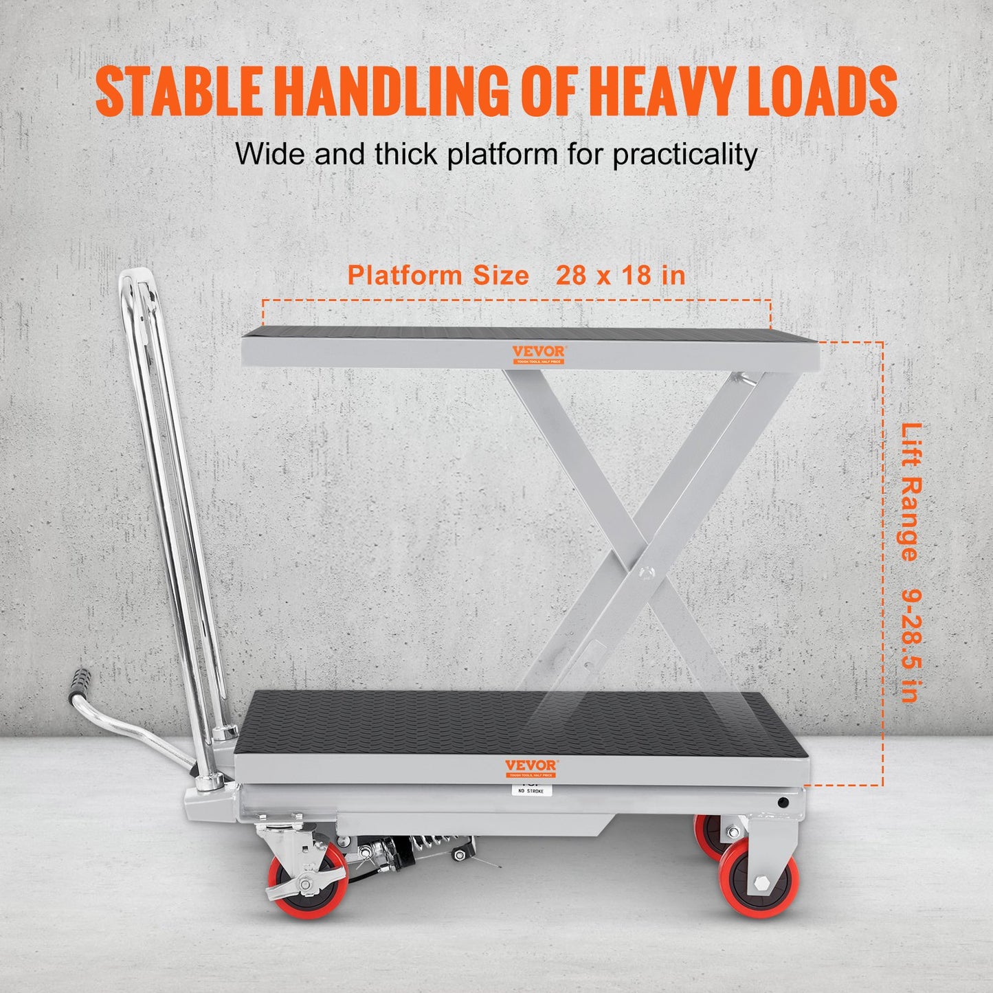 VEVOR Hydraulic Lift Table Cart, 500lbs Capacity 28.5" Lifting Height, Manual Single