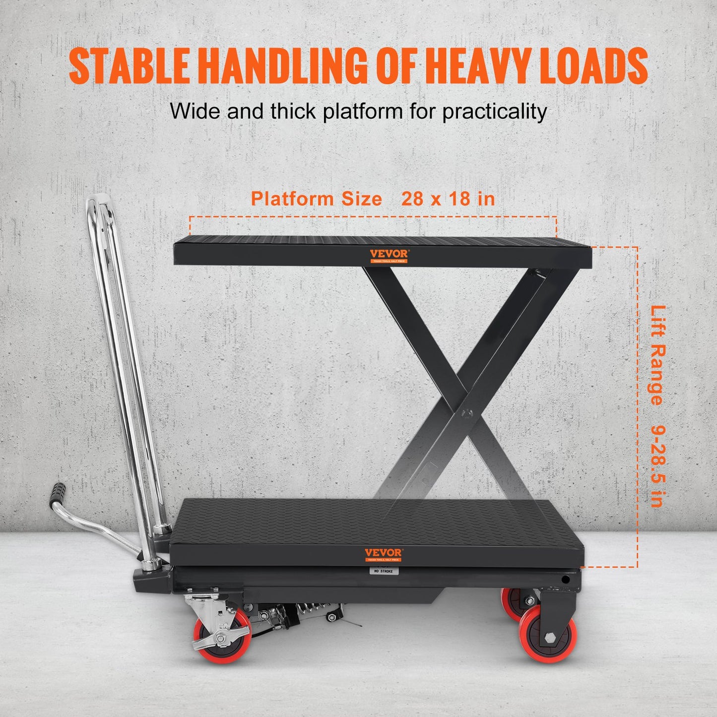 VEVOR Hydraulic Lift Table Cart, 330lbs Capacity 28.5" Lifting Height, Manual Single