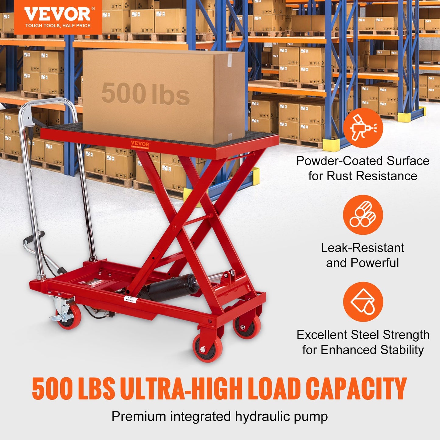 VEVOR Hydraulic Lift Table Cart, 500lbs Capacity 28.5" Lifting Height, Manual Single