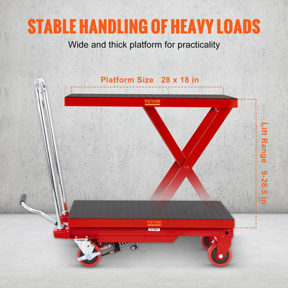 VEVOR Hydraulic Lift Table Cart, 500lbs Capacity 28.5" Lifting Height, Manual Single