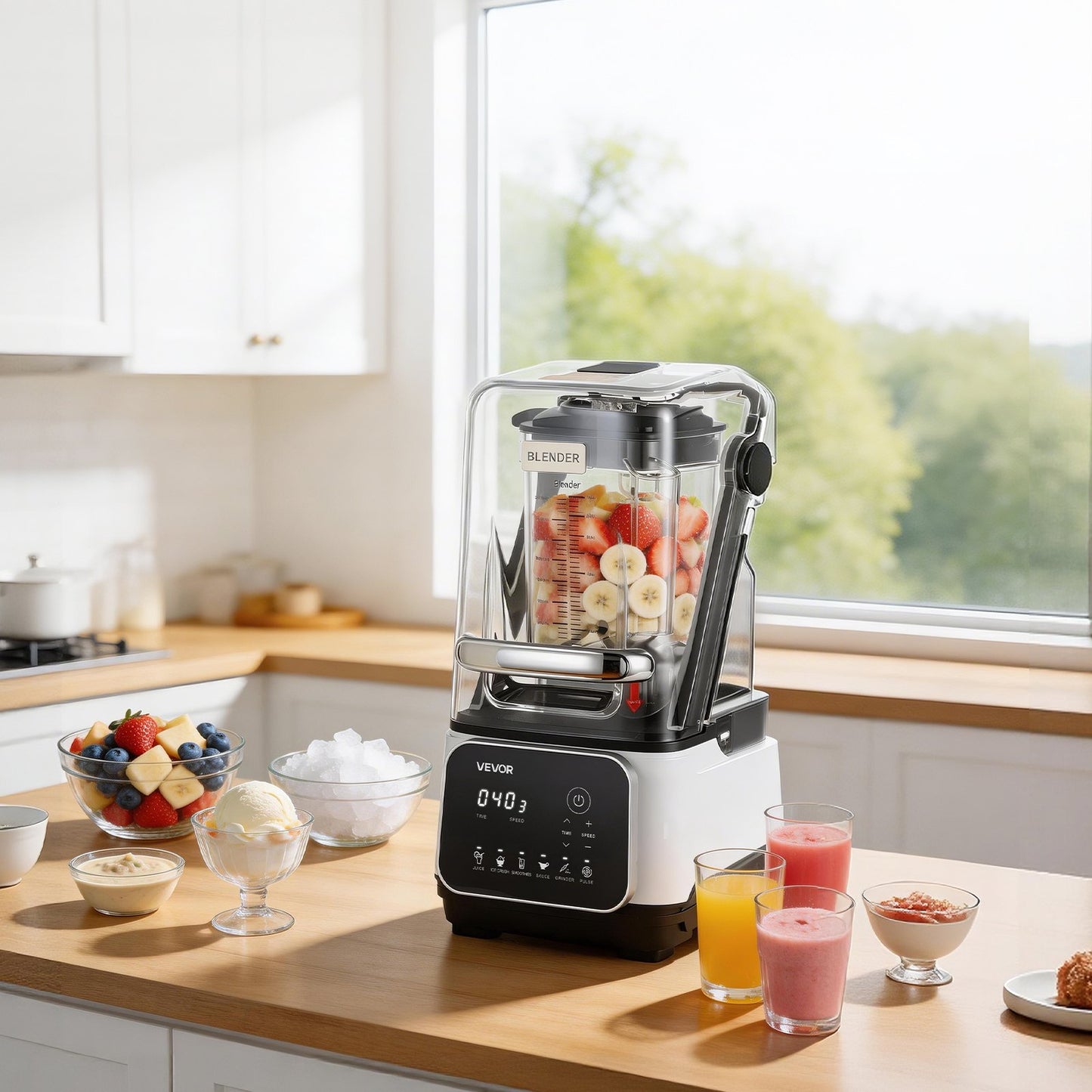 Blender, 2L Professional Countertop Blenders with Shield, 2200W 26000RPM Kitchen Food Processor Combo, Self-Cleaning, Speed Adjustable, 6 Preset Menu for Smoothies, Ice Crushing, Puree, White