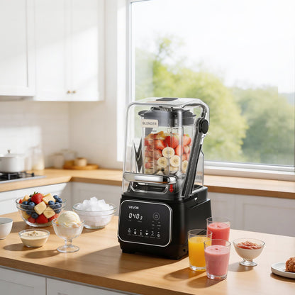 Blender, 2L Professional Countertop Blenders with Shield, 2200W 26000RPM Kitchen Food Processor Combo, Self-Cleaning, Speed Adjustable, 6 Preset Menu for Smoothies, Ice Crushing, Puree, Black