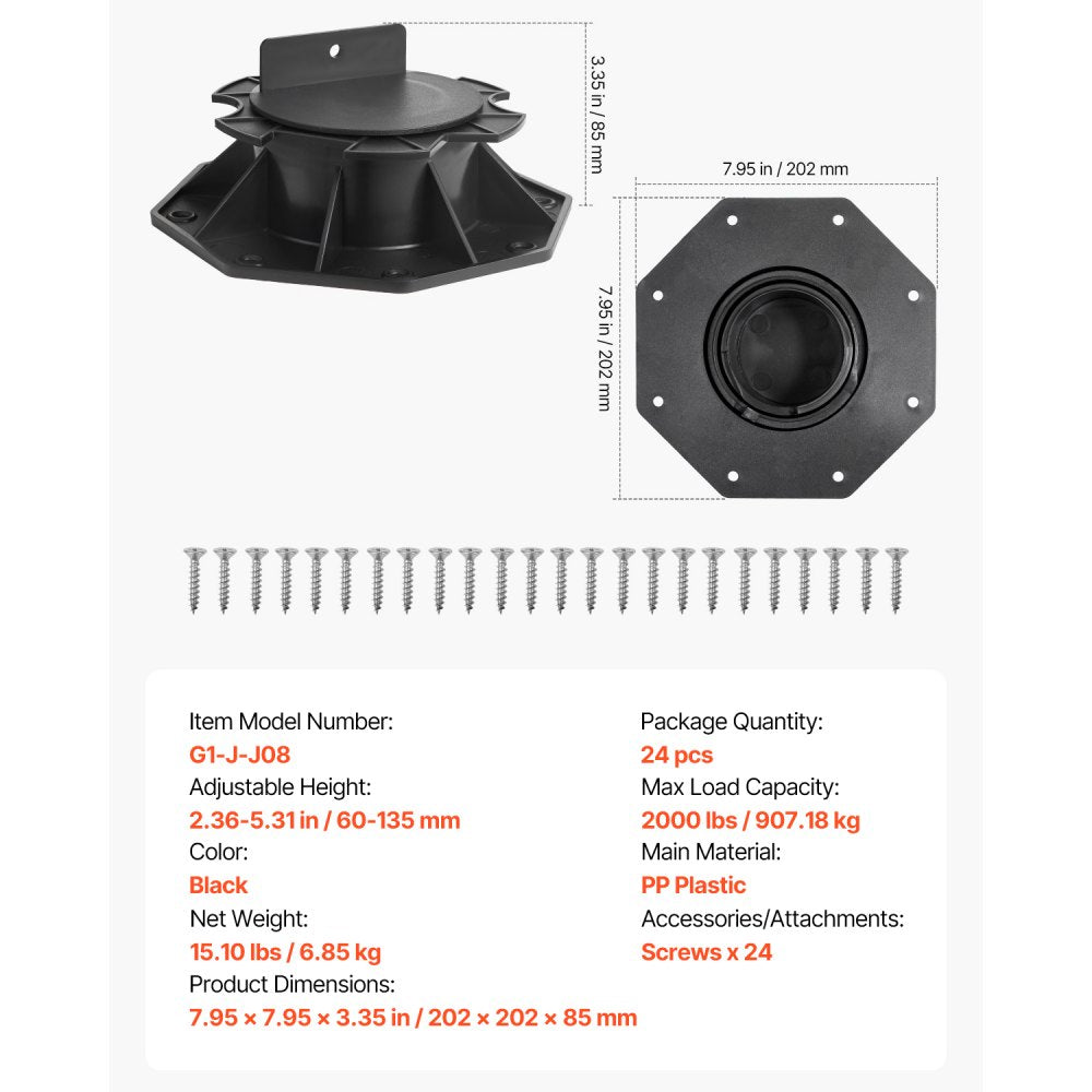 VEVOR 24 Pcs Adjustable Deck Support Pedestal Deck Foundation Base 2.36-5.31 in