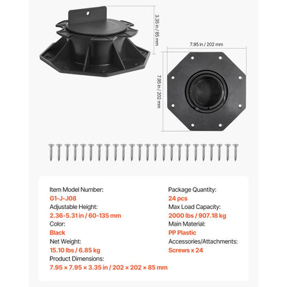 VEVOR 24 Pcs Adjustable Deck Support Pedestal Deck Foundation Base 2.36-5.31 in