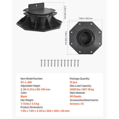 VEVOR 12 Pcs Adjustable Deck Support Pedestal Deck Foundation Base 2.36-5.31 in