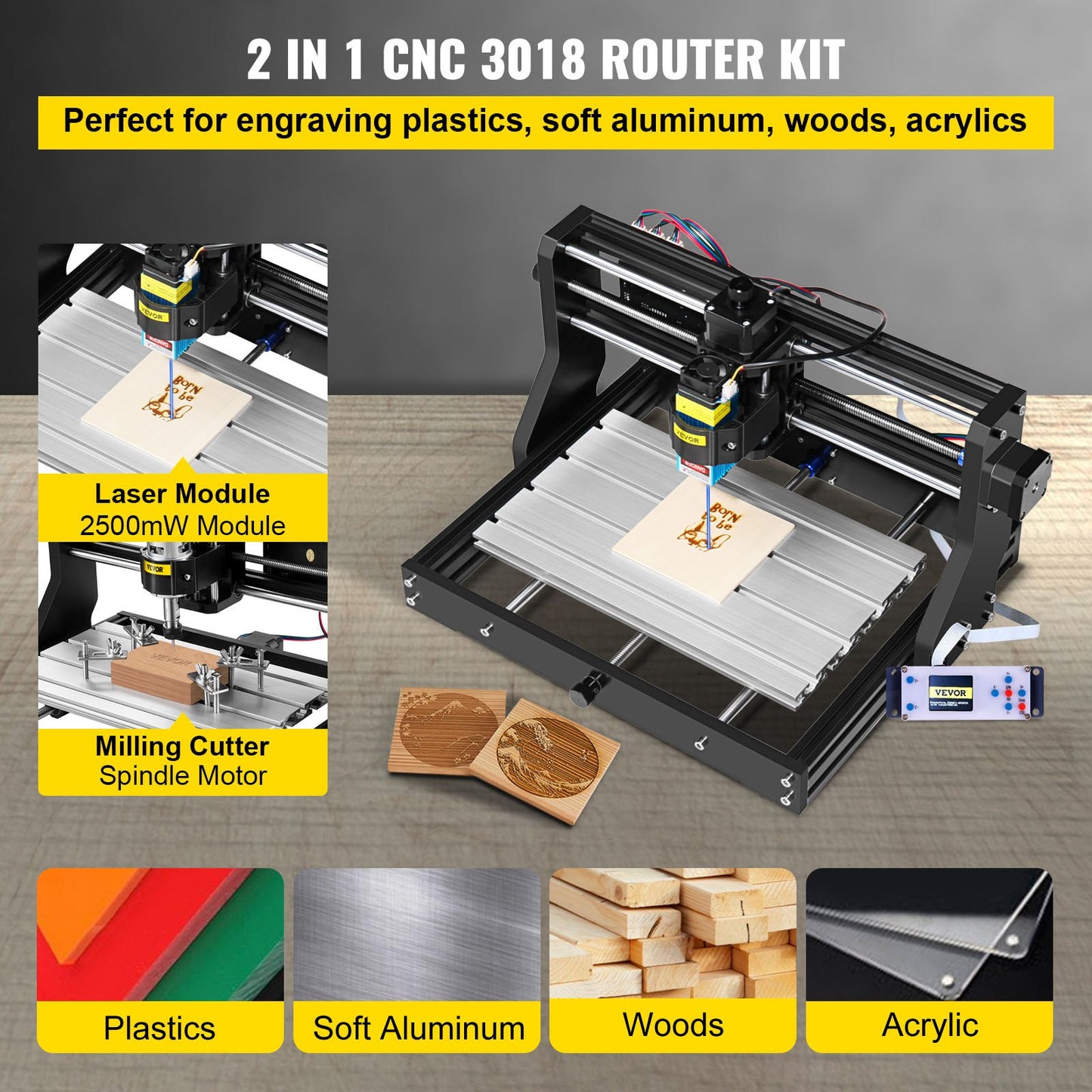 VEVOR CNC 3018 Pro 2500MW CNC 3018 300×180×40 mm CNC Machine GRBL Control Mini Laser