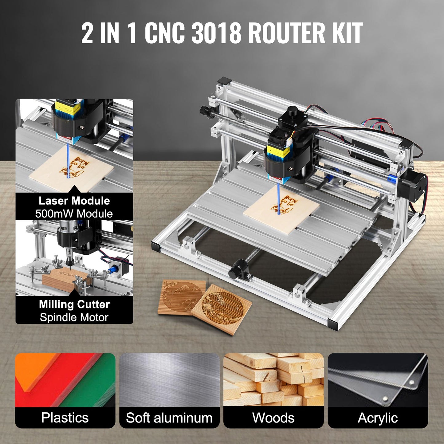 Vevor CNC 3018 DIY 3 Axis Engraver Kit With 500mw Laser Engraver Milling Machine