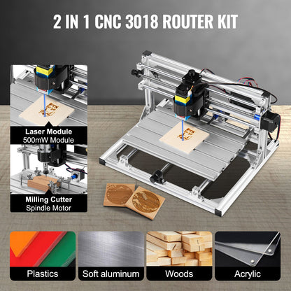 Vevor CNC 3018 DIY 3 Axis Engraver Kit With 500mw Laser Engraver Milling Machine