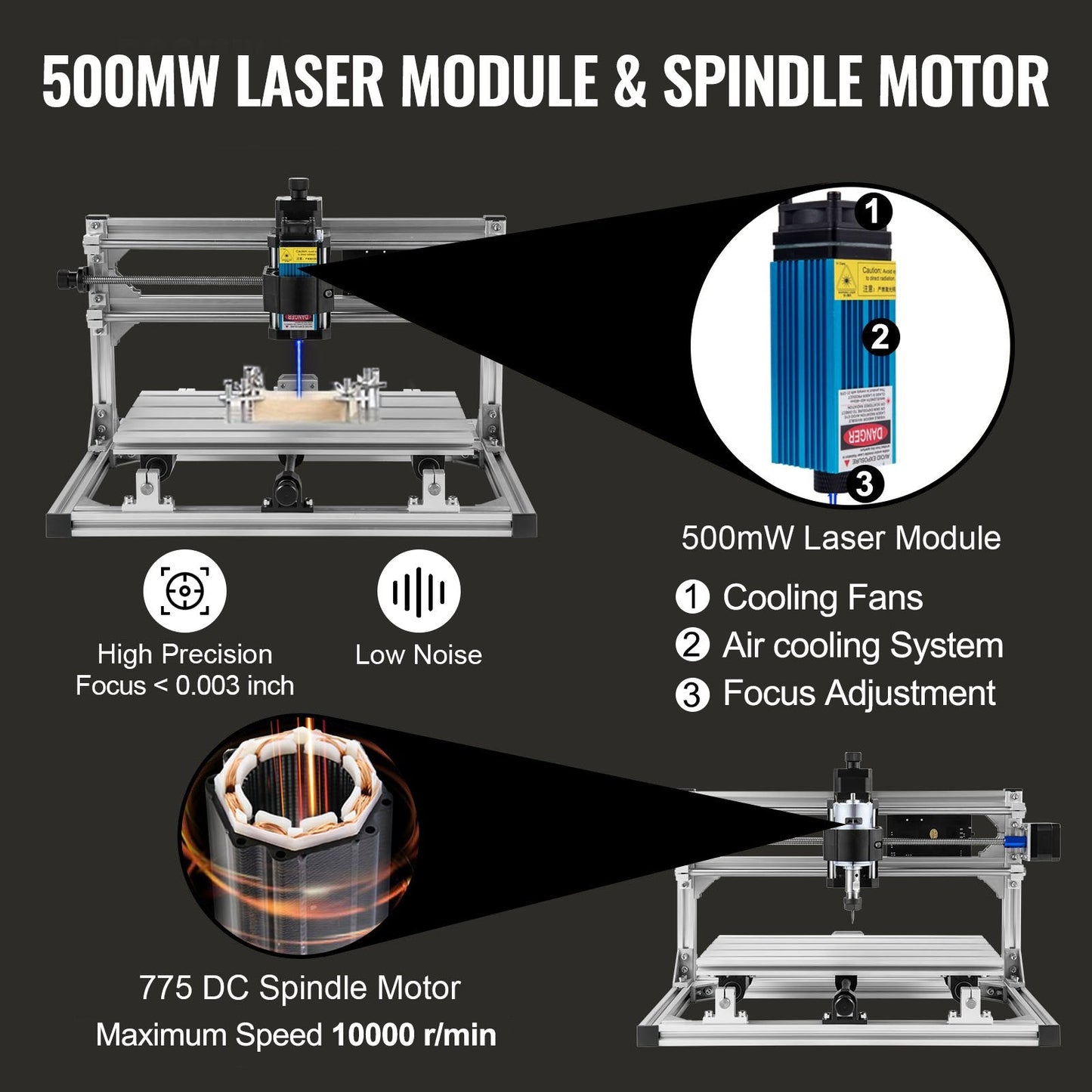 DIY CNC 3-Axis Engraver Kit with 0.5W Laser for Wood and PCB, 30x18x4.5 cm Area