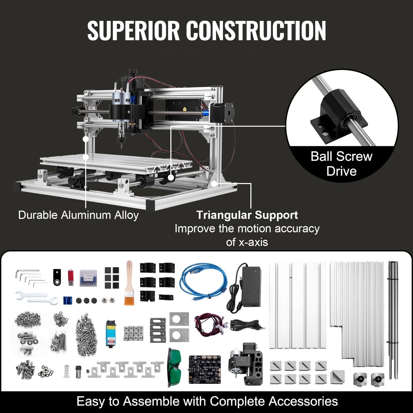 DIY CNC 3-Axis Engraver Kit with 0.5W Laser for Wood and PCB, 30x18x4.5 cm Area