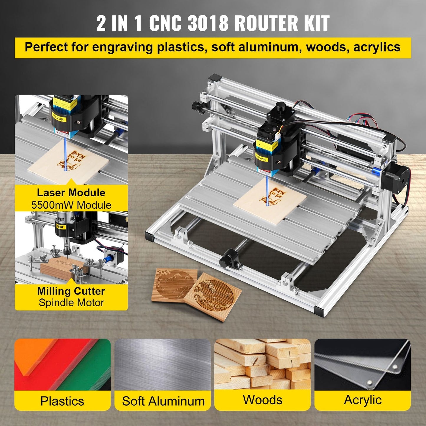 DIY CNC 3018 Engraver Kit with 5.5W Laser, 3-Axis Milling Machine
