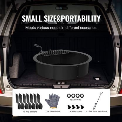 Steel Campfire Ring with BBQ Grill, 0.89m Diameter, DIY Assembly, Black