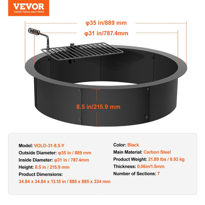 Steel Campfire Ring with BBQ Grill, 0.89m Diameter, DIY Assembly, Black