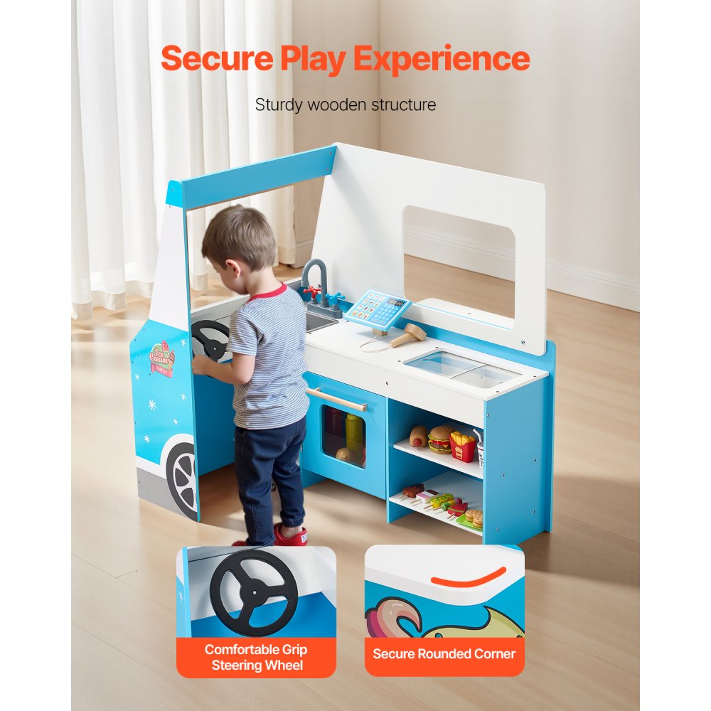 VEVOR Ice Cream Truck Wooden Playset Pretend Play Stand for Kids Aged 3-7