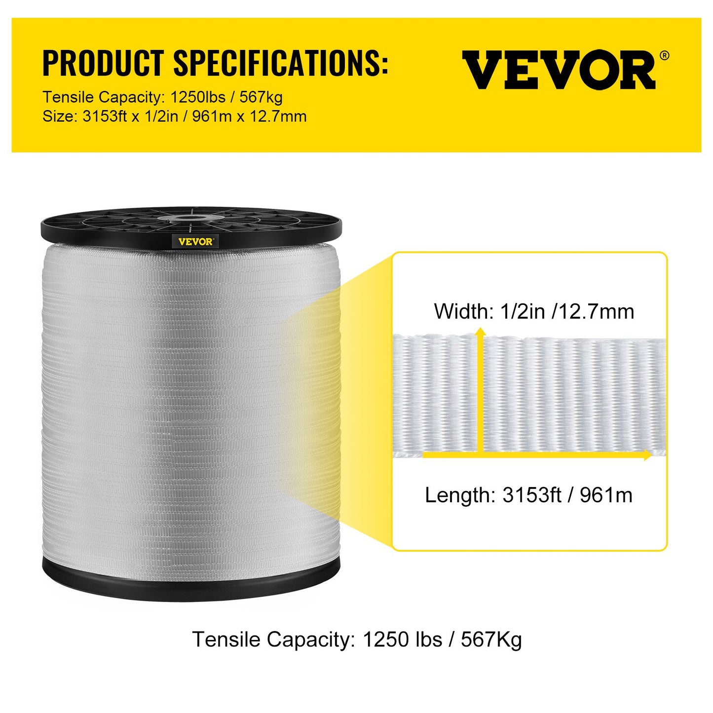 VEVOR 1250Lbs Polyester Pull Tape, 3153\' x 1/2\" Flat Tape for Wire & Cable Conduit