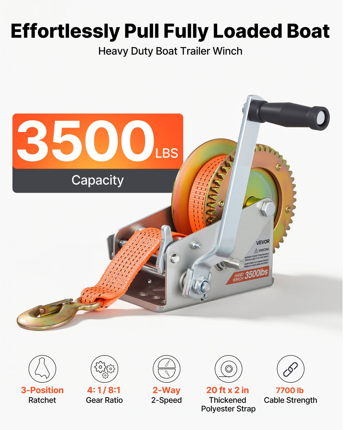 Boat Winch, 1588 kg Hand Winch, Heavy Duty Manual Rope Crank with 6.1m Orange Polyester Strap, Portable Two-Way Ratchet, 2 Speed Switchable, Anti-Slip Handle Gear for Boat Trailer ATV Towing