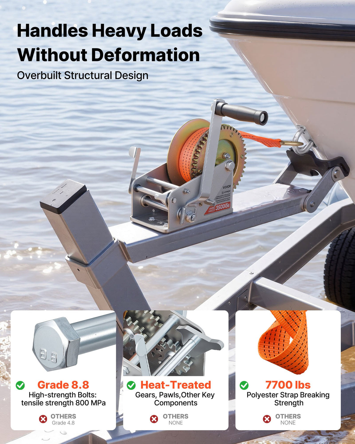Boat Winch, 1588 kg Hand Winch, Heavy Duty Manual Rope Crank with 6.1m Orange Polyester Strap, Portable Two-Way Ratchet, 2 Speed Switchable, Anti-Slip Handle Gear for Boat Trailer ATV Towing