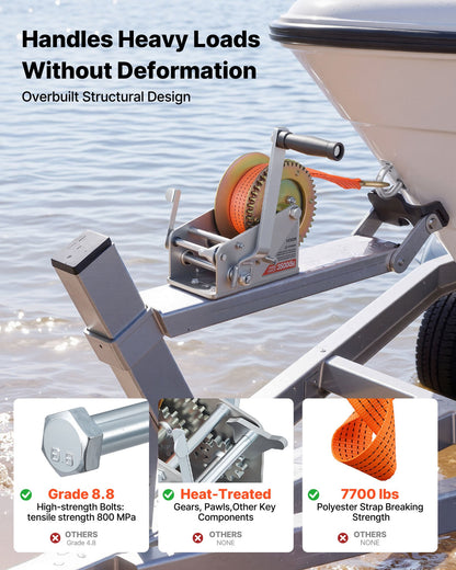 Boat Winch, 1588 kg Hand Winch, Heavy Duty Manual Rope Crank with 6.1m Orange Polyester Strap, Portable Two-Way Ratchet, 2 Speed Switchable, Anti-Slip Handle Gear for Boat Trailer ATV Towing